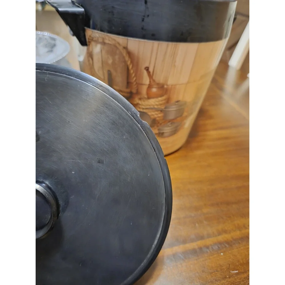 vintage West Bend Thermo-Serv ice bucket features a rustic sportsman design, Bar